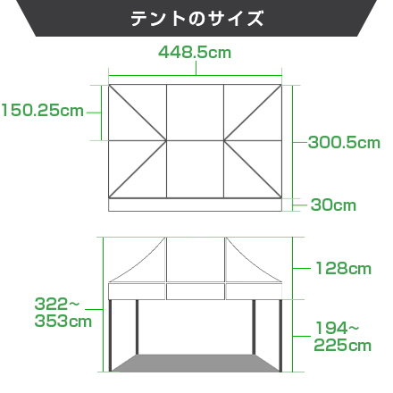 かんたんてんと（長方形/1：1.5タイプ）　3.0m×4.5m テントのサイズ