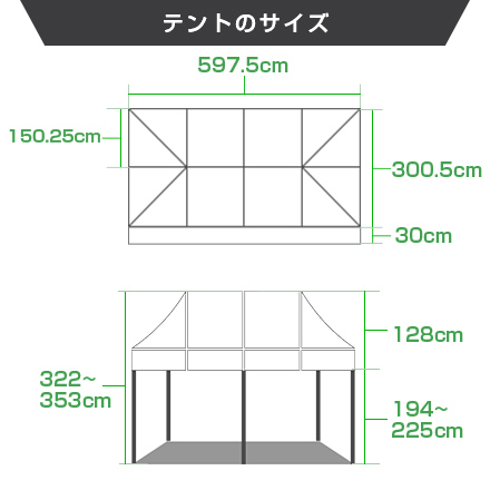 かんたんてんと（長方形/1：2タイプ）　3.0m×6.0m テントのサイズ