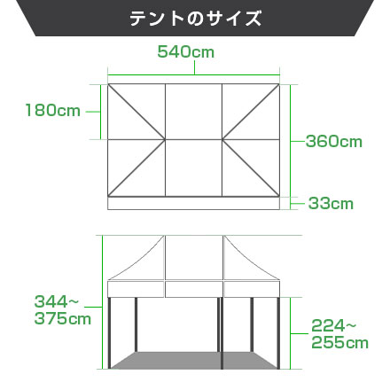 かんたんてんと（大型タイプ）　3.6m×5.4m テントのサイズ