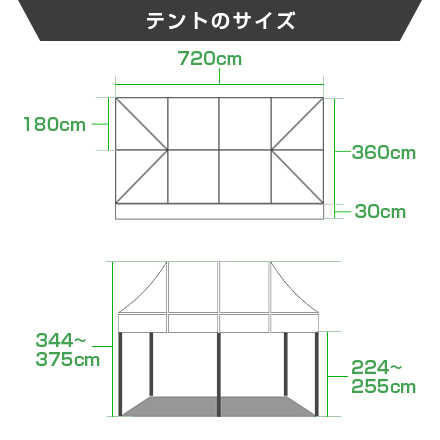かんたんてんと(大型タイプ) 3.6m×7.2mのサイズ詳細画像