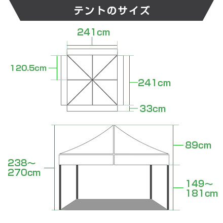 ミスタークイック（正方形タイプ）　2.4m×2.4m テントのサイズ