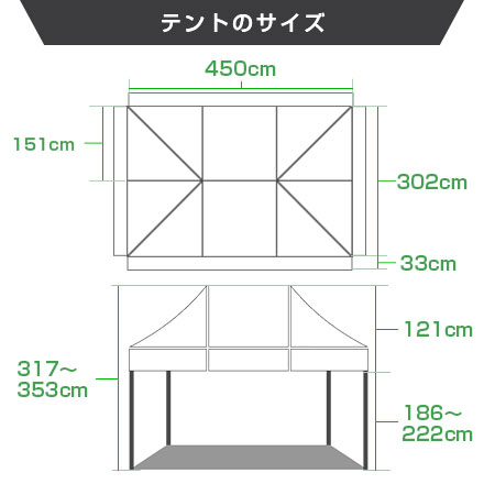ミスタークイック（長方形/1：1.5タイプ）　3.0m×4.5m テントのサイズ