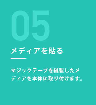 STEP5：メディアを貼る マジックテープを縫製したメディアを本体に取り付けます。